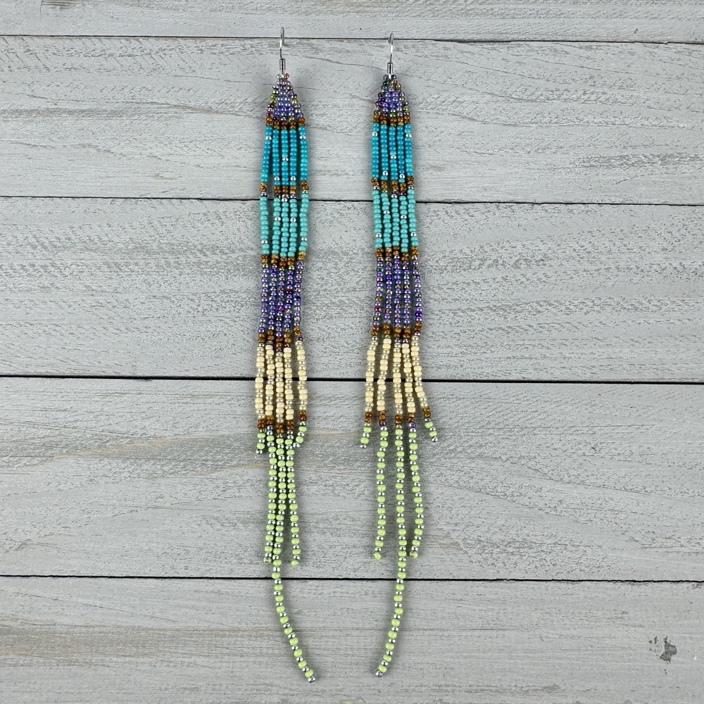 Handmade Beaded Fringe Earrings Long Shoulder Dusters Boho Multi-Color 6.5"